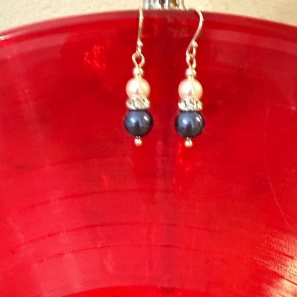 Midnight Blue Bling Dangle Drop Earrings Pearl, Crystal and Agate Beads - Picture 2 of 4